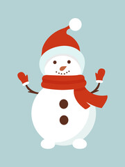 Snowman. Holiday cartoon character in winter season. Vector illustration