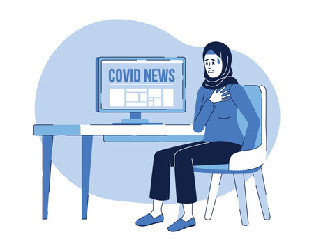 Lady scared of covid news 2D vector isolated linear illustration. Thin line flat character on cartoon background. Colorful editable scene for mobile, website, presentation. Bebas Nenue font used