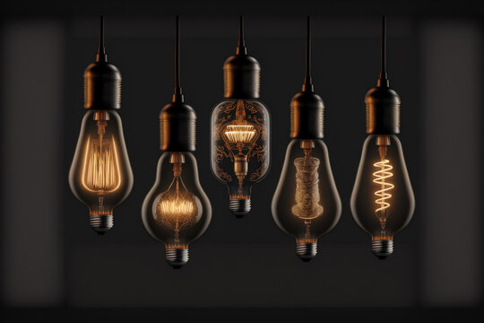 Set Of Fantasy Vintage Glowing Light Bulbs On Black Background, 3D Rendering