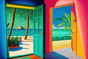 Beach house interior with wide open doors and windows with a view over the beach and summer ocean. Tropical paradise vacation in vibrant colorful pop art.