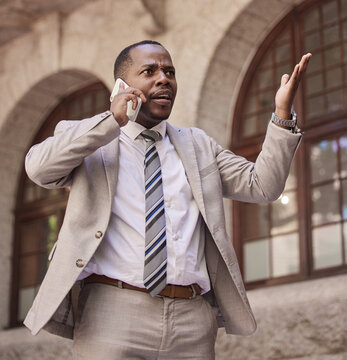 Phone Call, Confused Or Black Man In New York Street, City Or Road With Question, Angry Or Stress Communication. Lawyer, Mobile Or Businessman With Smartphone For Depression, Anxiety Or 5g Network