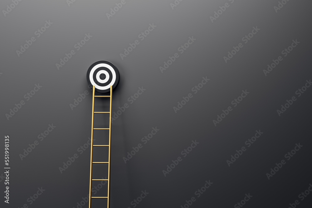 Poster Ladder leading to target on black concrete wall backdrop with mock up place. 3D Rendering.