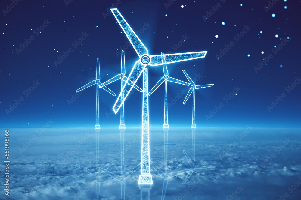 Poster glowing digital wind mill turbine hologram on blue sky and clouds background. wind generator concept