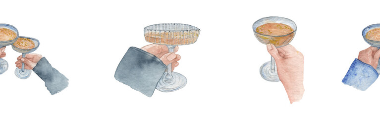 Watercolor hand painted hand holds a glass with drink border. Holiday concept design border. Celebration border.