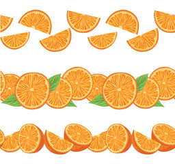 Vector set of seamless borders with orange slices and leaves. Collcetion of horizontal friezes with juicy fruit and foliage.