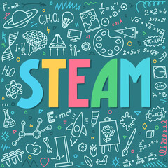 Fototapeta premium STEAM. Science, technology, engineering, art, mathematics. Education doodles and hand written word 
