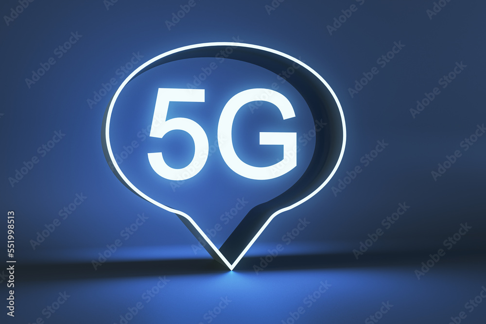 Poster Modern 5G bubble on blue background. Fast internet speed and technology concept. 3D Rendering.