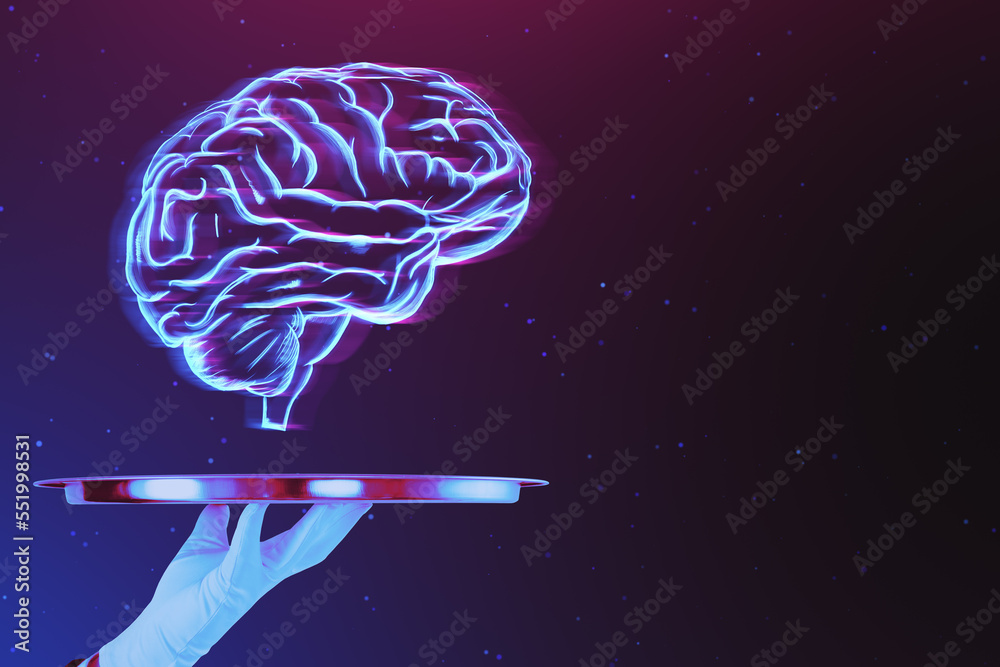 Poster close up of hand in glove holding tray with glowing digital human brain hologram on dark purple back