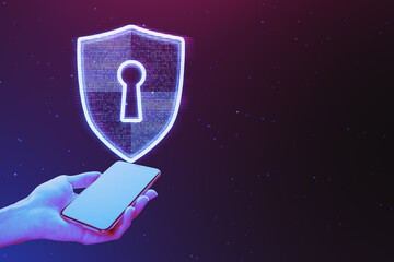 Close up of female hand holding mobile phone with glowing digital padlock shield hologram on dark purple background with mock up place. Secure and web safety concept.