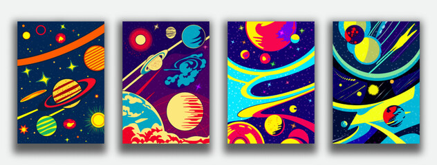 Outer space background set. Cosmos scenes with planets, stars, comets. Vector illustration of galaxy.