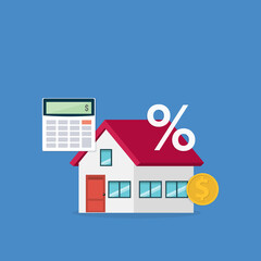 Mortgage and home buying concept. Calculator, coin and percent symbol with house icon.