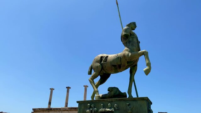 Bronze statue of centaur in the Roman city ruins of Pompeii Italy near Naples