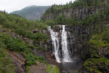 Fototapeta na wymiar aerial view of a waterfall in norwegian mountains