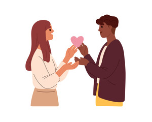 Fototapeta premium Love couple of mixed different race. Interracial man and woman in romantic relationship. Happy biracial partners, wife and husband. Flat graphic vector illustration isolated on white background