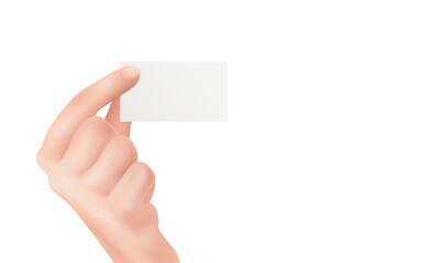 Obraz premium Business card in hand. Businessman holding white blank template of financial banking debit card people nfs paying card sample, vector realistic illustration of female hand. Woman wrist with manicure.