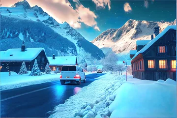 Fotobehang magisch fantasie winterlandschap met huis en bergen & 39 s nachts, prachtige aurora borealis © Gbor