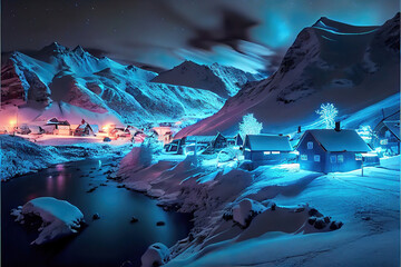 Fototapeta na wymiar magical fantasy winter landscape with house and mountains at night, beautiful aurora borealis