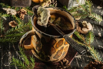 Still life- medicinal tea is a forest medicine from the polypore mushroom. Dark background- photo clipart