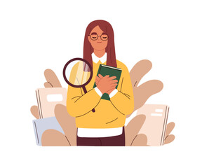 Happy girl student with book. University knowledge, education, science research concept. Bookworm studying, learning. Smart woman scientist. Flat vector illustration isolated on white background