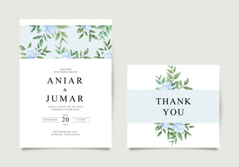 Fototapeta na wymiar Gorgeous wedding invitation set with blue flowers and green leaves