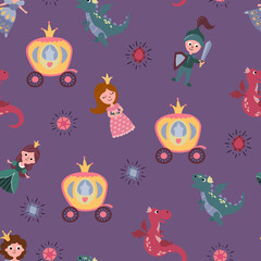 Seamless pattern with princess, prince, coach and dragon. Design for fabric, textile, wallpaper, packaging.