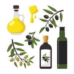 Olive vector illustration set. Black and green olive tree branches, glass bottle and jug of oil, bowl, jar, and cans. Vector illustration isolated on background for healthy food or cooking concept