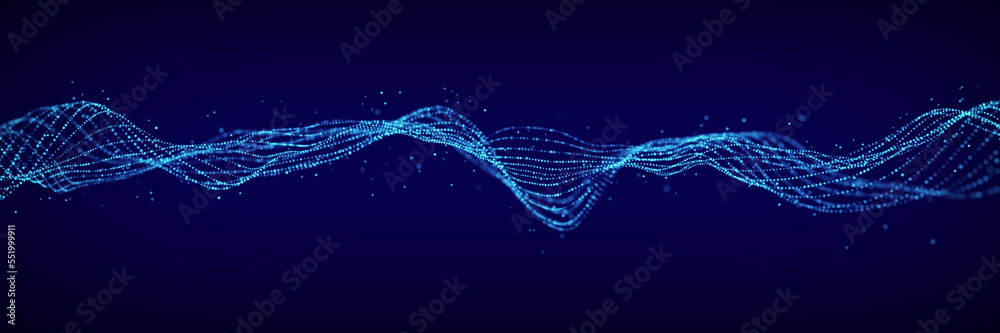 Poster 3D digital dynamic wave. Flow digital structure. Secure cybersecurity data connection. Cyber technology background. 3D rendering.