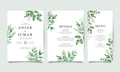 Set of wedding invitation templates with watercolor green leaves