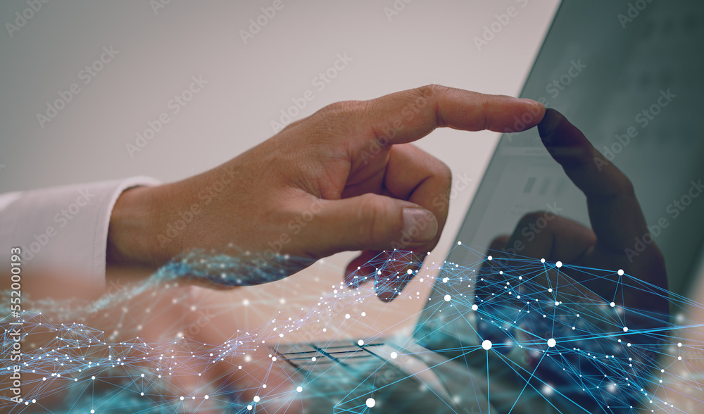 Poster businessman using computer laptop. business global internet connection application technology and di