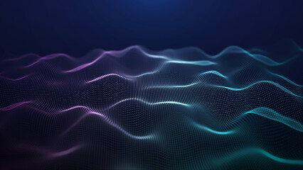 A musical wave of digital particles. Visualization of big data. Abstract blue cyberspace background. 3D rendering.