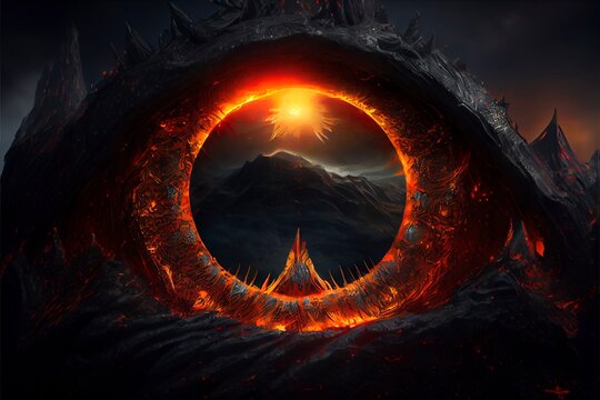 A vulcano through a portal. Fantasy background illustration