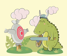 Dinosaur knight with target sword in vector