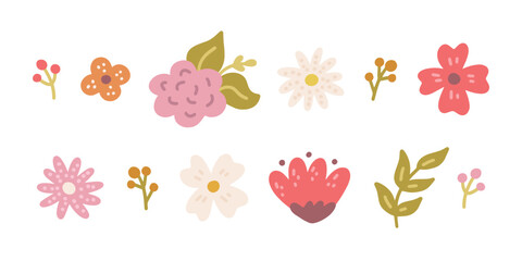 Set of floral elements. Modern flowers and plants. Vector hand drawn illustration on white background
