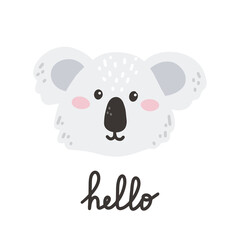 Cute face koala with lettering Hello. Vector hand drawn illustration, children's print for postcards, posters, t-shirt