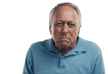 PNG Shot of an old man looking angrily at the camera in a studio.
