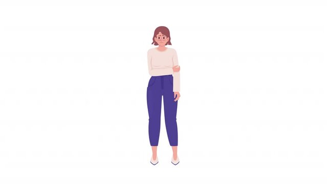 Animated character feeling shame. Self soothing. Not confident lady. Full body flat person on white background with alpha channel transparency. Colorful cartoon style HD video footage for animation