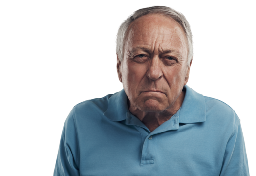 PNG Shot of an old man looking angrily at the camera in a studio.