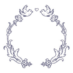 Vintage Victorian era stile wreath inspired by Arts and Crafts movement. Ornament with floral organic elements, birds and hearts for wedding invitations, greeting cards, packaging design ets.