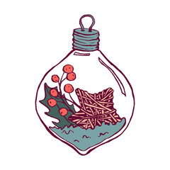 Hand drawn Christmas tree hanging bulb decoration with floral elements and confetti.