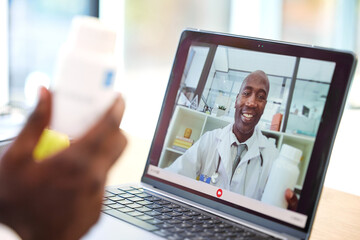 Doctor, laptop and video call for medical consultation online, healthcare research and web collaboration. Science, hospital worker and consulting medicine on digital tech call in hospital office