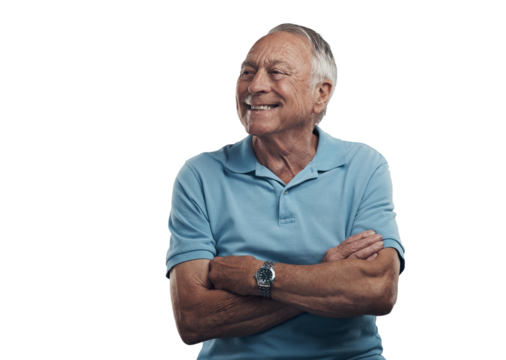 PNG Shot of an older man with his arms crossed looking off into the distance in a studio.