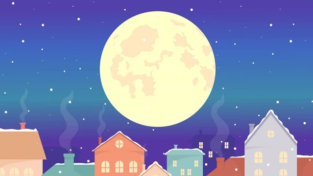 Animated night town illustration. Full moon over city houses. Magic winter midnight. Looped flat color 2D cartoon cityscape animation on nigttime sky background. HD video with alpha channel