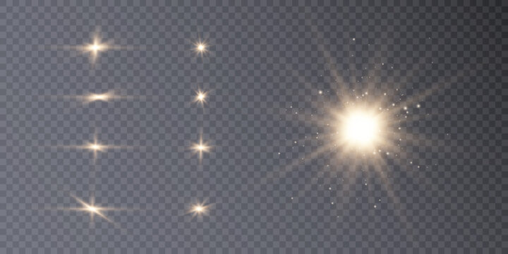 Glow of golden sparks of light on a transparent background. Blurred vector sequins design collection. Explosion flash, sun, flash and bright cloud.	
