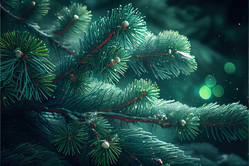 Naklejka na ściany i meble christmas tree with lights, fir tree branches with snow
