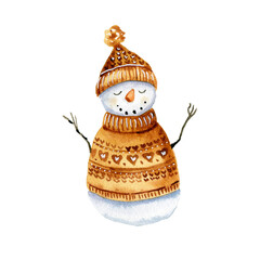 Watercolor illustration of a snowman on a white background.