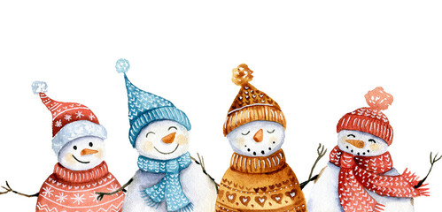 Cute snowmen in knitting hats hand drawn watercolor christmas character set.