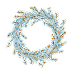 Christmas wreath with hand drawn watercolor blue fir branches .