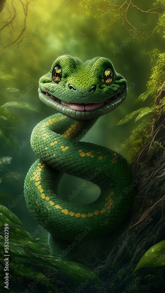 Wall mural Green snake in the forest