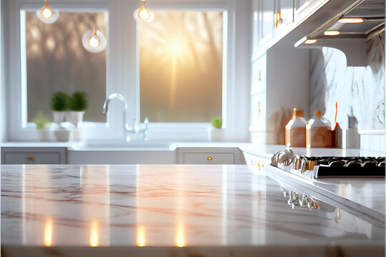 Modern White Scandinavian Kitchen With Empty Marble Tabletop Countertop For Product Display, Blurred Background, Soft Morning Lights, Copy Space