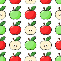 Apples vector seamless pattern. Red and green apples, cut slices with seeds on white background. Best for textile, wallpapers, home decoration, wrapping paper, package and web design.